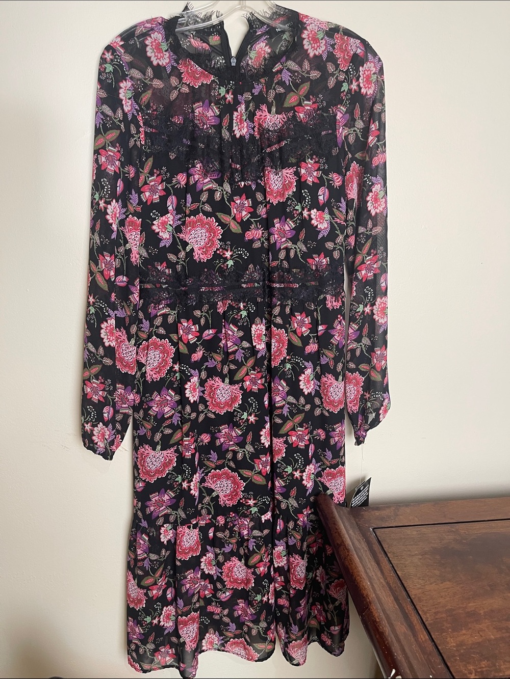 nwt Nine West Long Sleeve Chiffon Lace Midi Dress